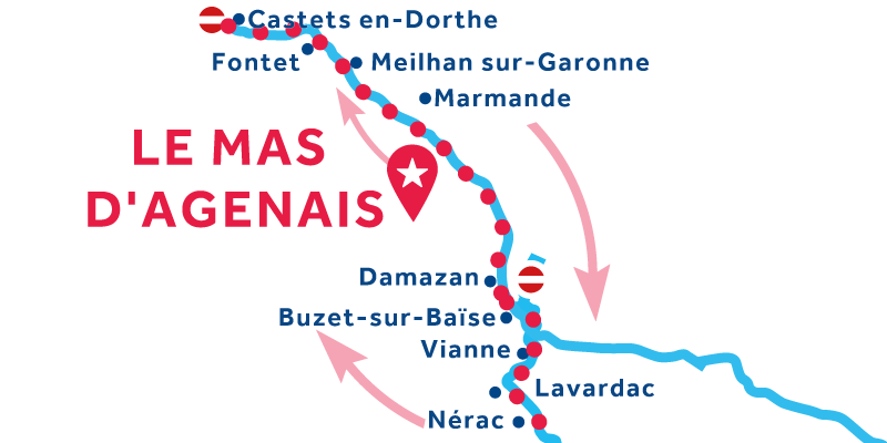 Navigatie kaart van Mas-d'Agenais en terug via Castets-de-Dorthe