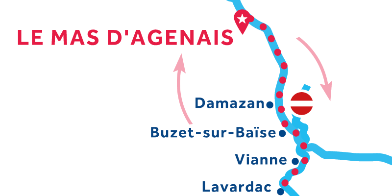 Navigatie kaart van Mas-d'Agenais en terug via Buzet-sur-Baise