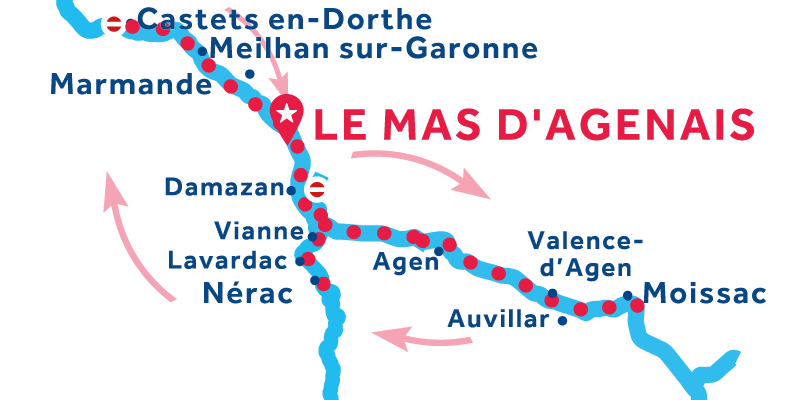 Navigatie kaart van Mas-d'Agenais en terug via Moissac 