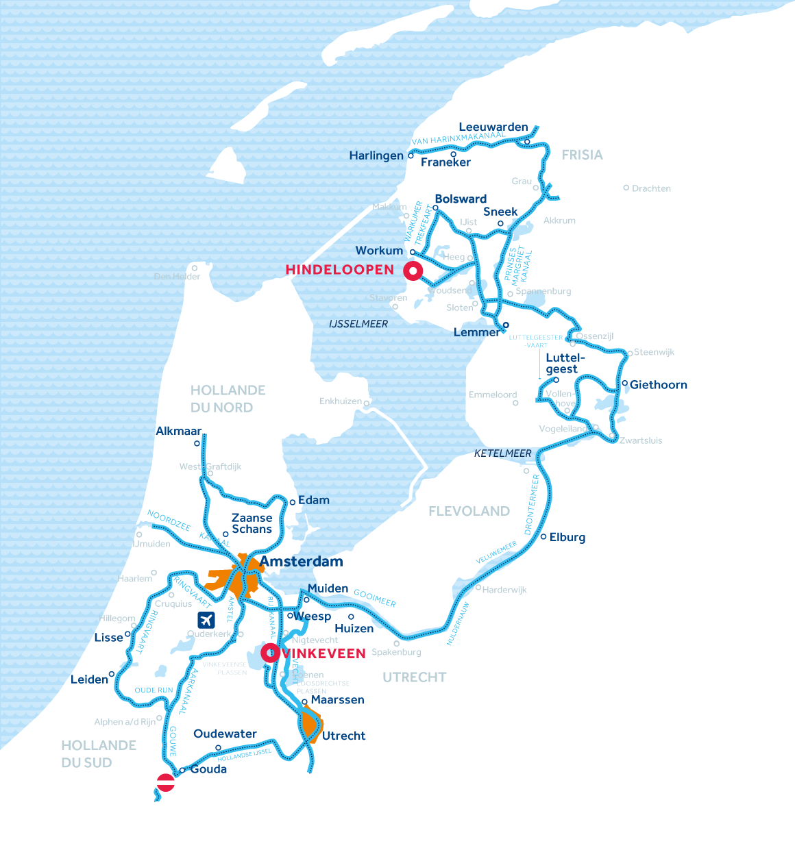 Carte de la région de navigation Hollande, Amsterdam et Frise