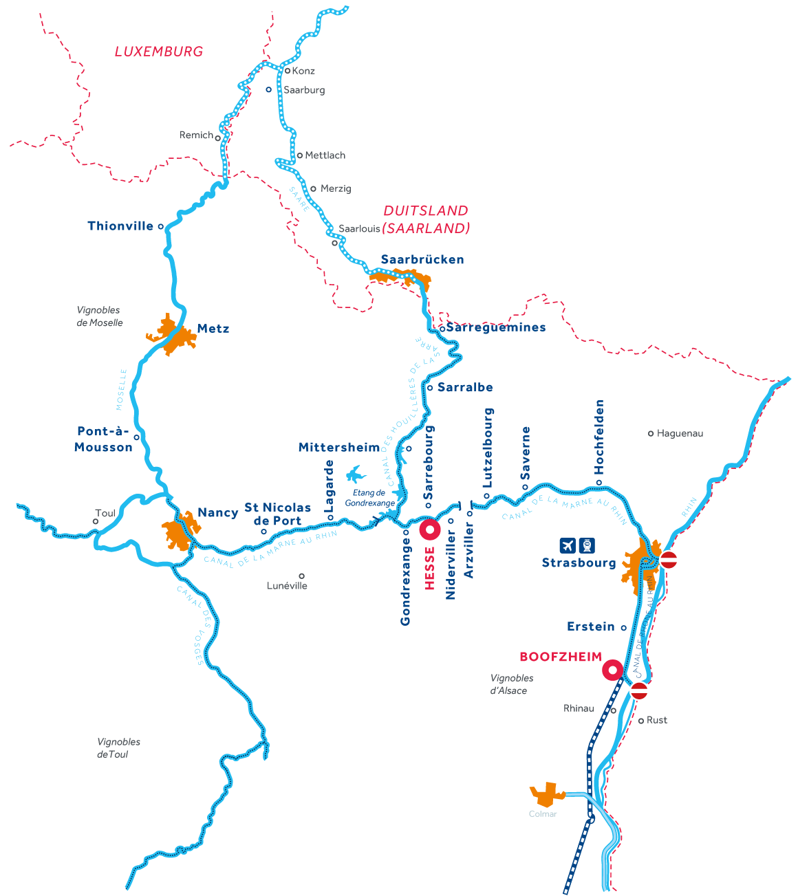Kaart van de vaarregio: Elzas-Lotharingen