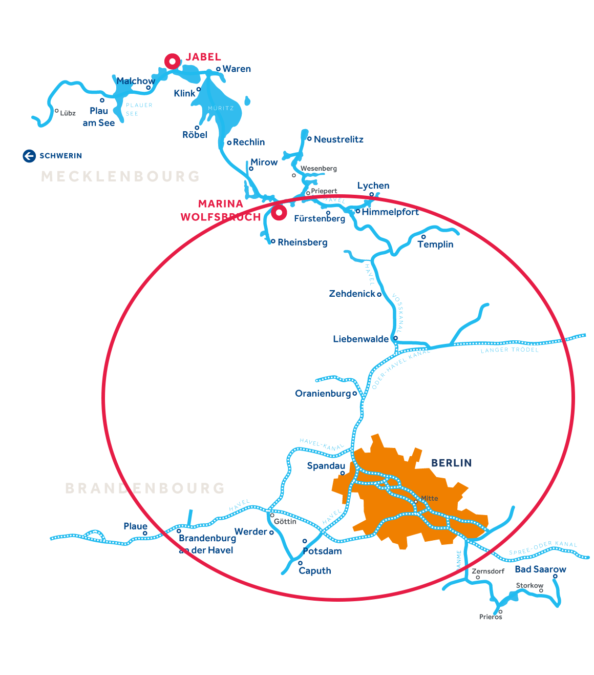 Carte de la région de navigation fluviale du Brandebourg