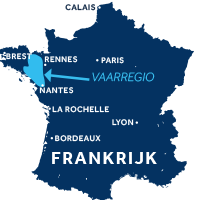De kaart laat zien waar vaargebied Bretagne ligt in Frankrijk 