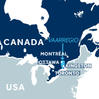 De kaart laat zien waar vaargebied Rideau Canal ligt in Canada