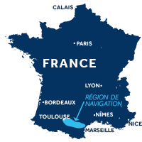 Carte indiquant la zone de navigation sur le Canal du Midi en France